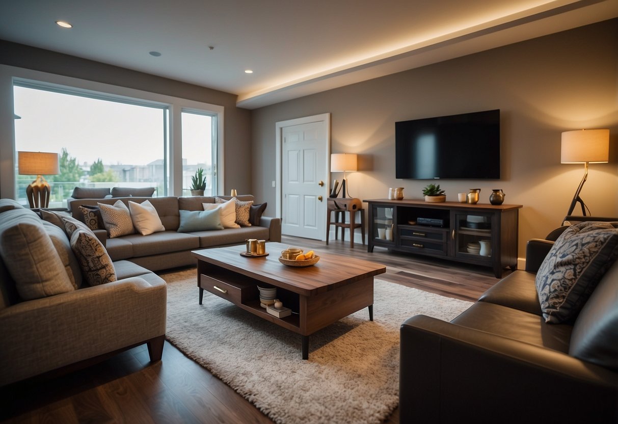 A living room with a sofa, coffee table, and TV stand. A dining room with a table and chairs. A bedroom with a bed, nightstand, and dresser. A kitchen with a stove, refrigerator, and dining table