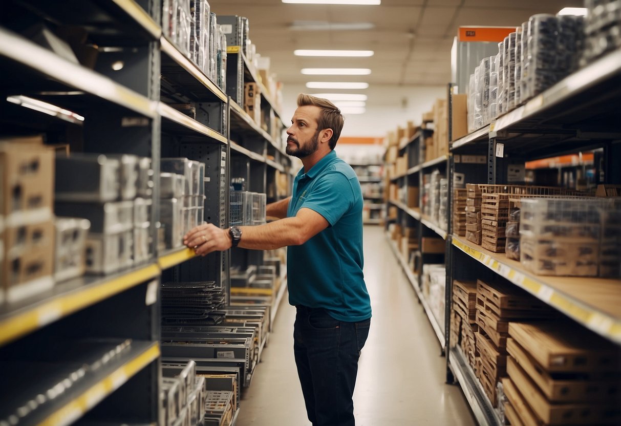 A hardware store shelves lined with various casters for furniture. Customers browsing and a salesperson assisting