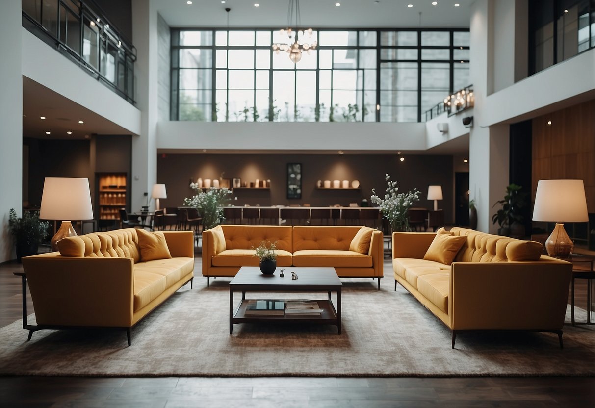 A spacious hall filled with modern and classic furniture displays. Bright lights highlight the elegant designs and vibrant colors