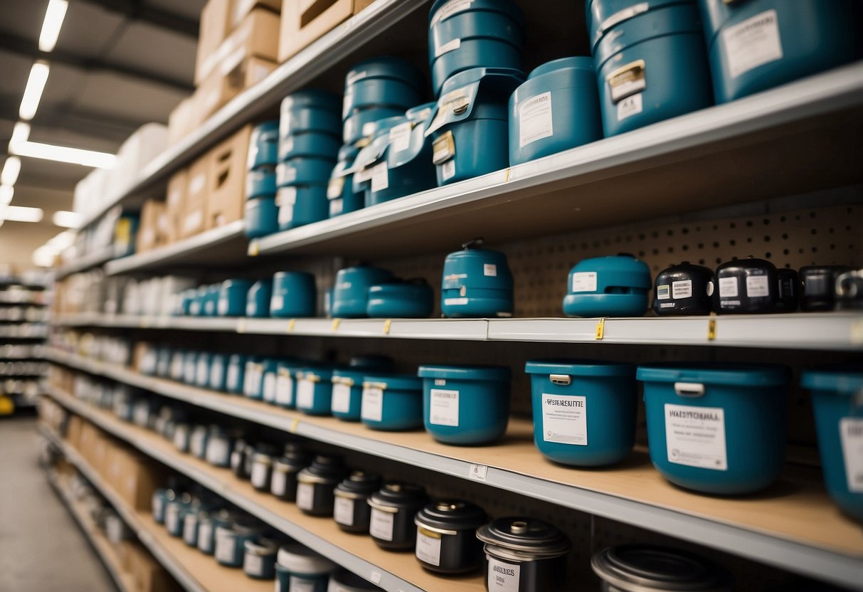 Various types of furniture casters displayed on shelves in a hardware store. Labels indicate where to buy