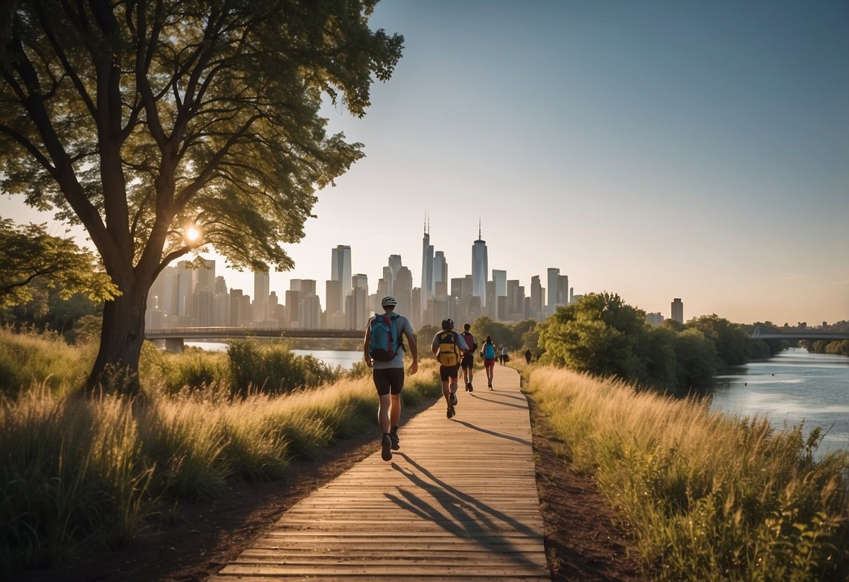 People walking, biking, and jogging on a wide, well-lit path. The path crosses a large river with a view of the city skyline. Trees and greenery line the sides of the path