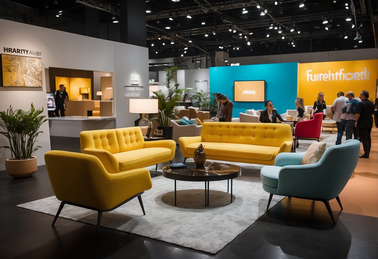 The Furniture Expo buzzes with vibrant displays and modern designs. Bright lights illuminate sleek sofas and elegant tables, while attendees admire the latest trends in home decor