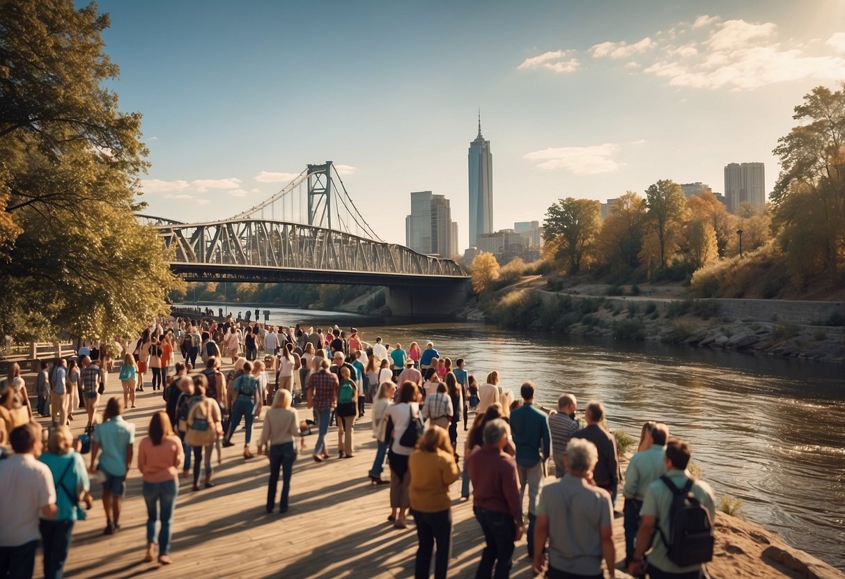 The Big River Crossing is a vibrant scene of visitors gathering at the information center, with the iconic bridge spanning the river in the background