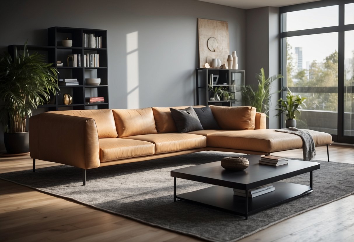 A modern living room with iuiga furniture, featuring a sleek sofa, minimalist coffee table, and stylish armchair
