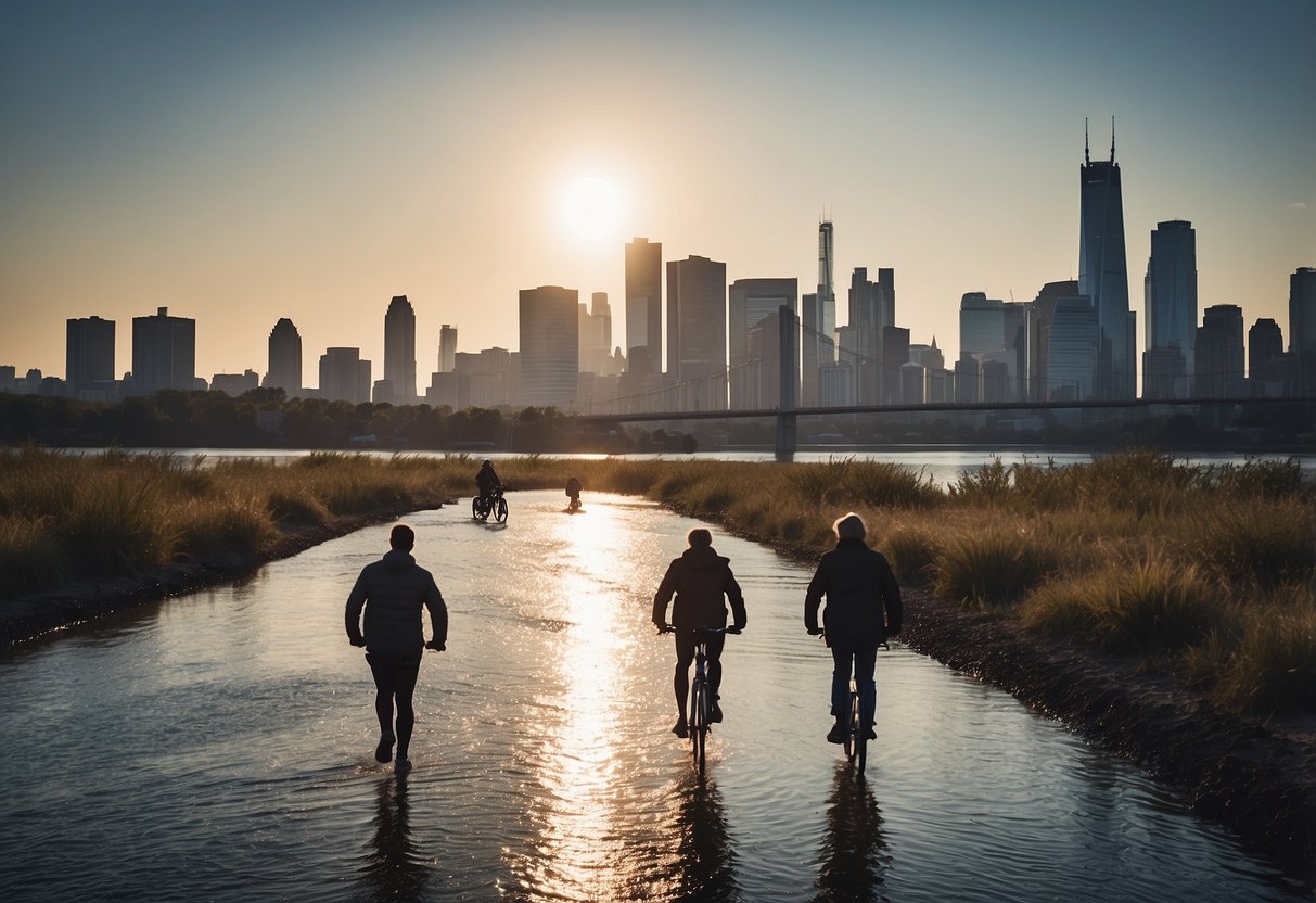 People walking and biking across the Big River Crossing with the city skyline in the background