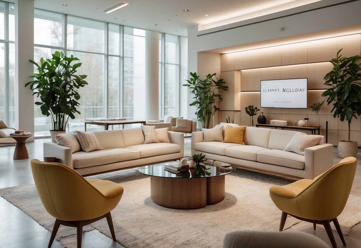 A bright, modern showroom with sleek furniture displays. Clean lines, neutral colors, and natural materials create a minimalist yet inviting atmosphere