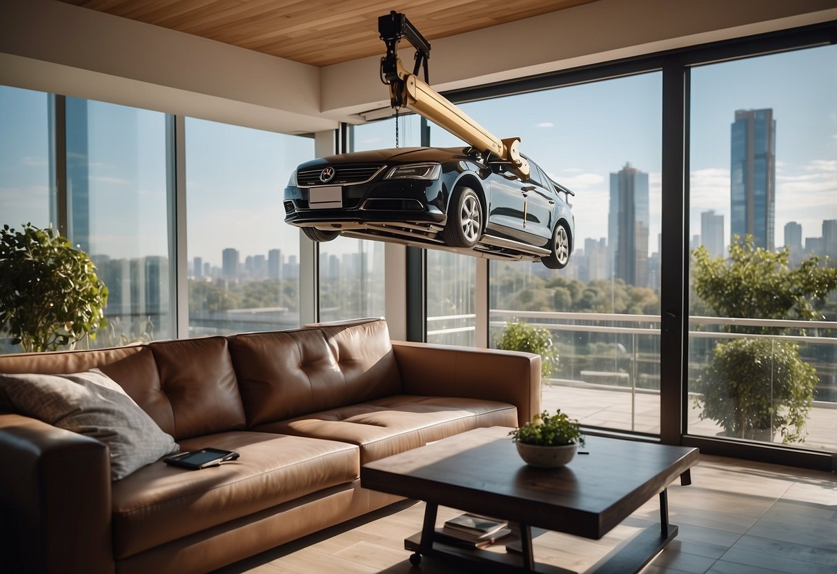 A furniture hoist extends from a truck to a building, lifting a sofa and table to a high window