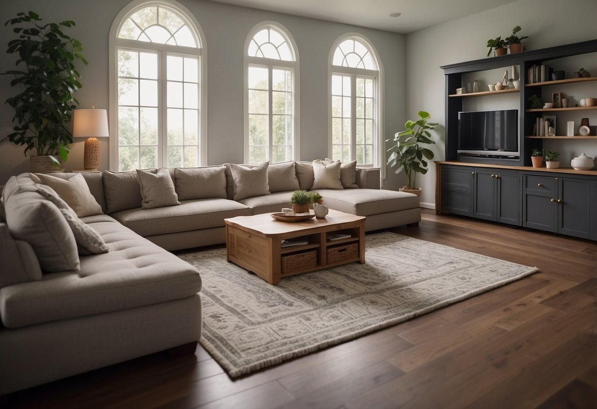 A living room with a couch, coffee table, and bookshelf. A dining table with chairs. A bedroom with a bed, dresser, and nightstand. A kitchen with appliances and cabinets