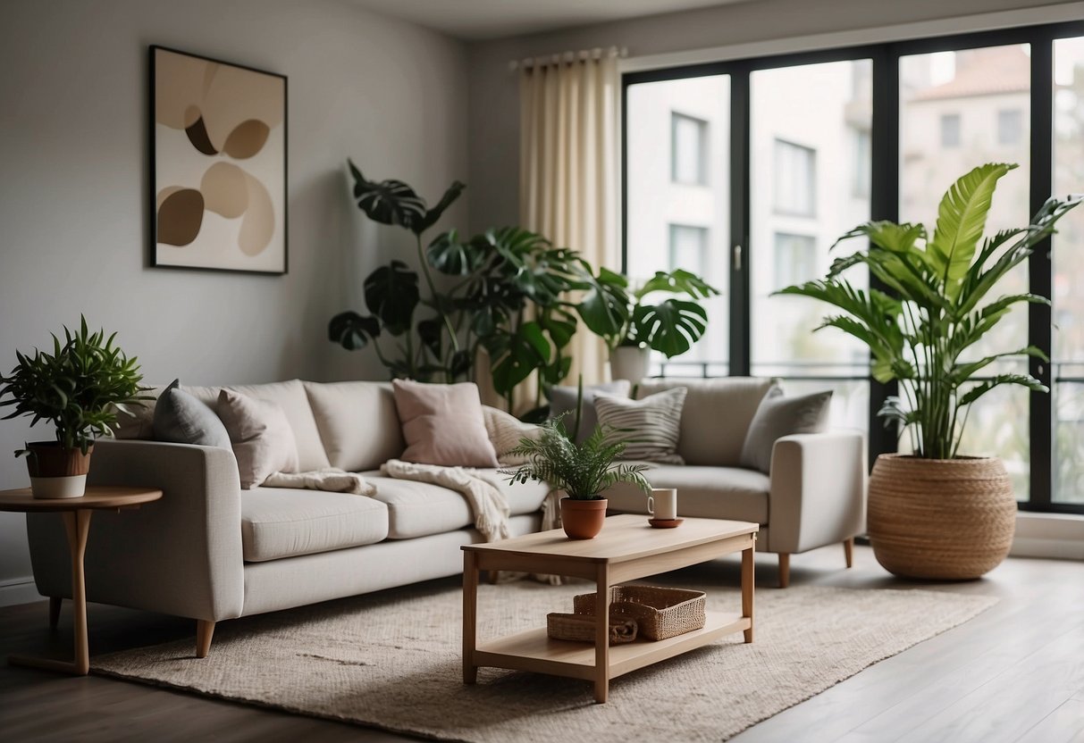 A living room with Iuiga furniture: a cozy sofa, a sleek coffee table, and a stylish floor lamp. The room is bathed in natural light, with plants adding a touch of greenery