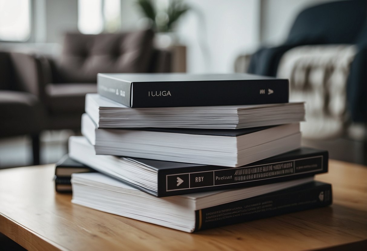 A stack of FAQ sheets next to iuiga furniture pieces