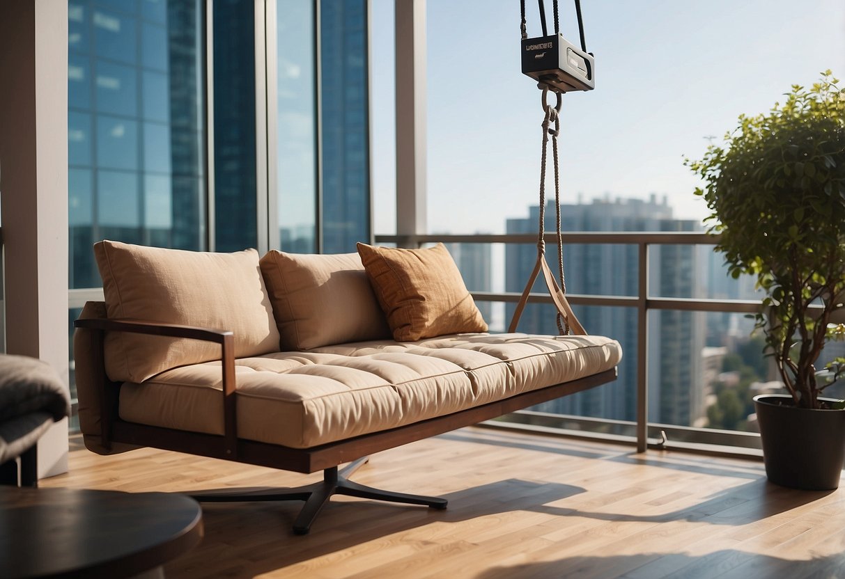 A furniture hoist is lifting a sofa to a high-rise balcony