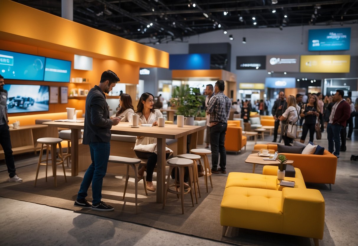 Attendees browse furniture displays at expo, taking notes and discussing designs. Bright lighting and colorful booths create a lively atmosphere