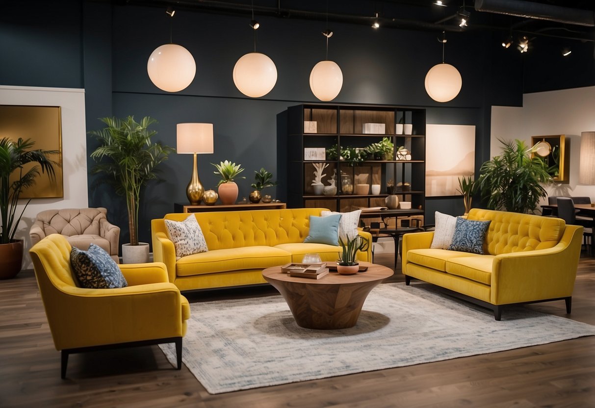 A vibrant furniture showroom with modern and classic pieces. Bright lights illuminate the spacious layout, showcasing a variety of sofas, tables, and decor
