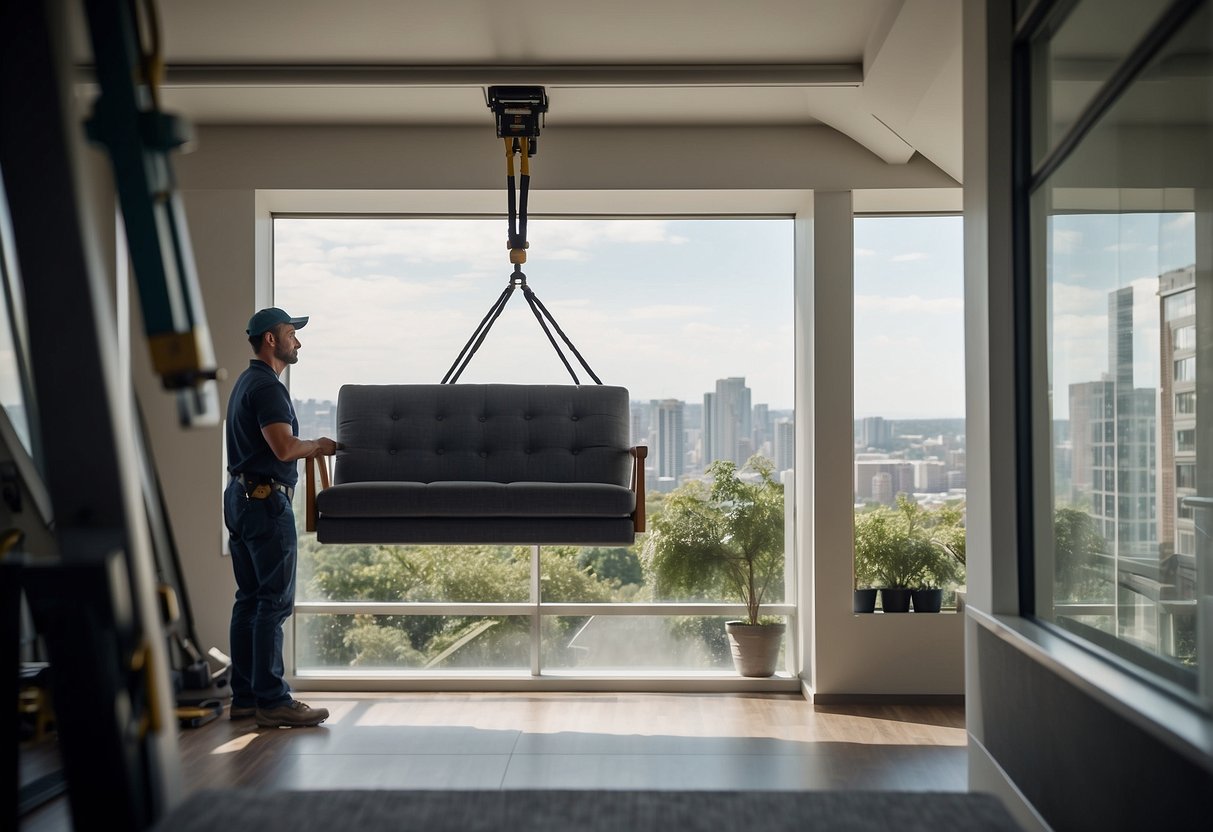 A furniture hoist lifting a sofa through a window with a team of workers guiding it from below