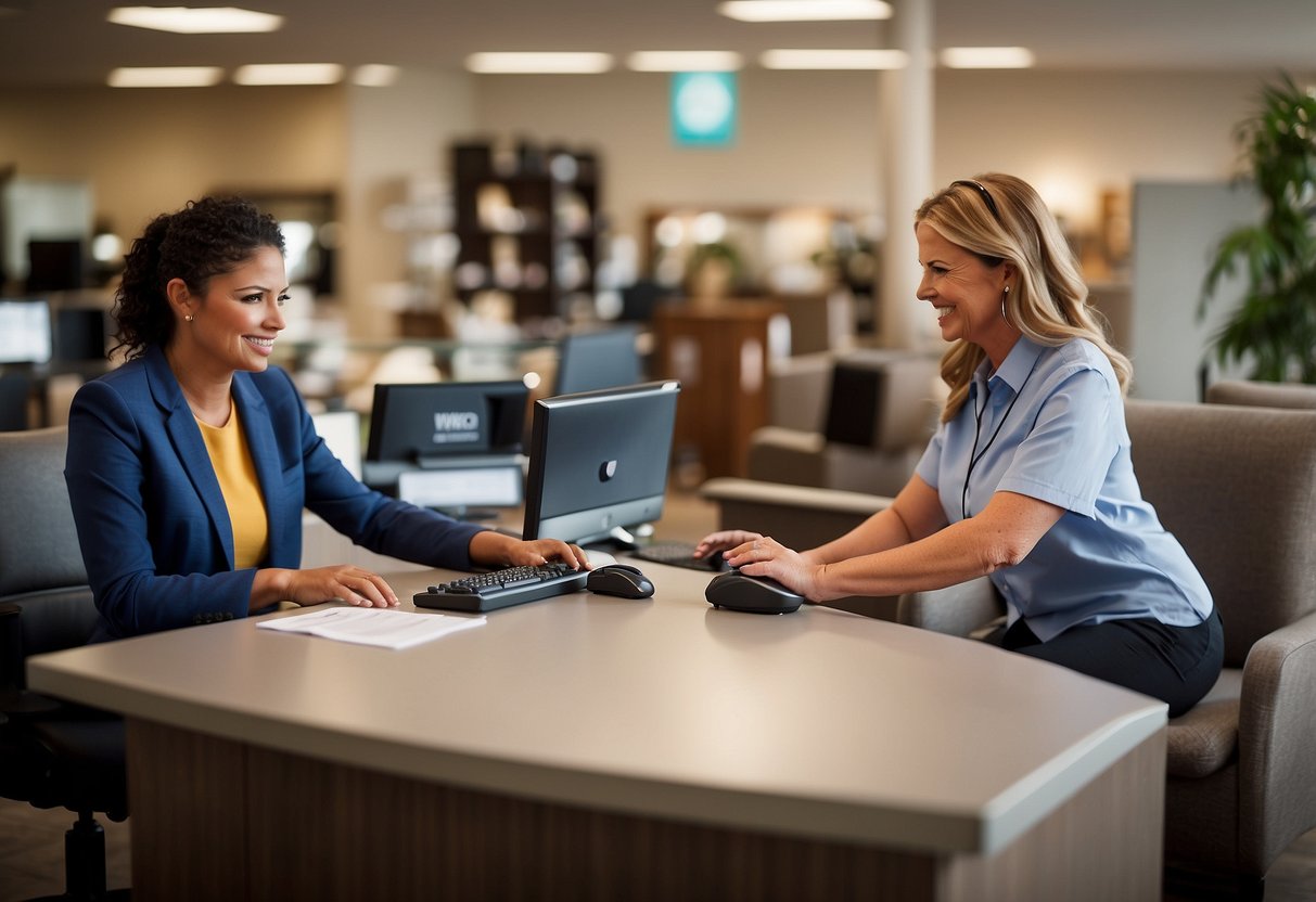 A customer service representative assists a client at Westside Furniture store. Displayed furniture and signage indicate the focus on customer care