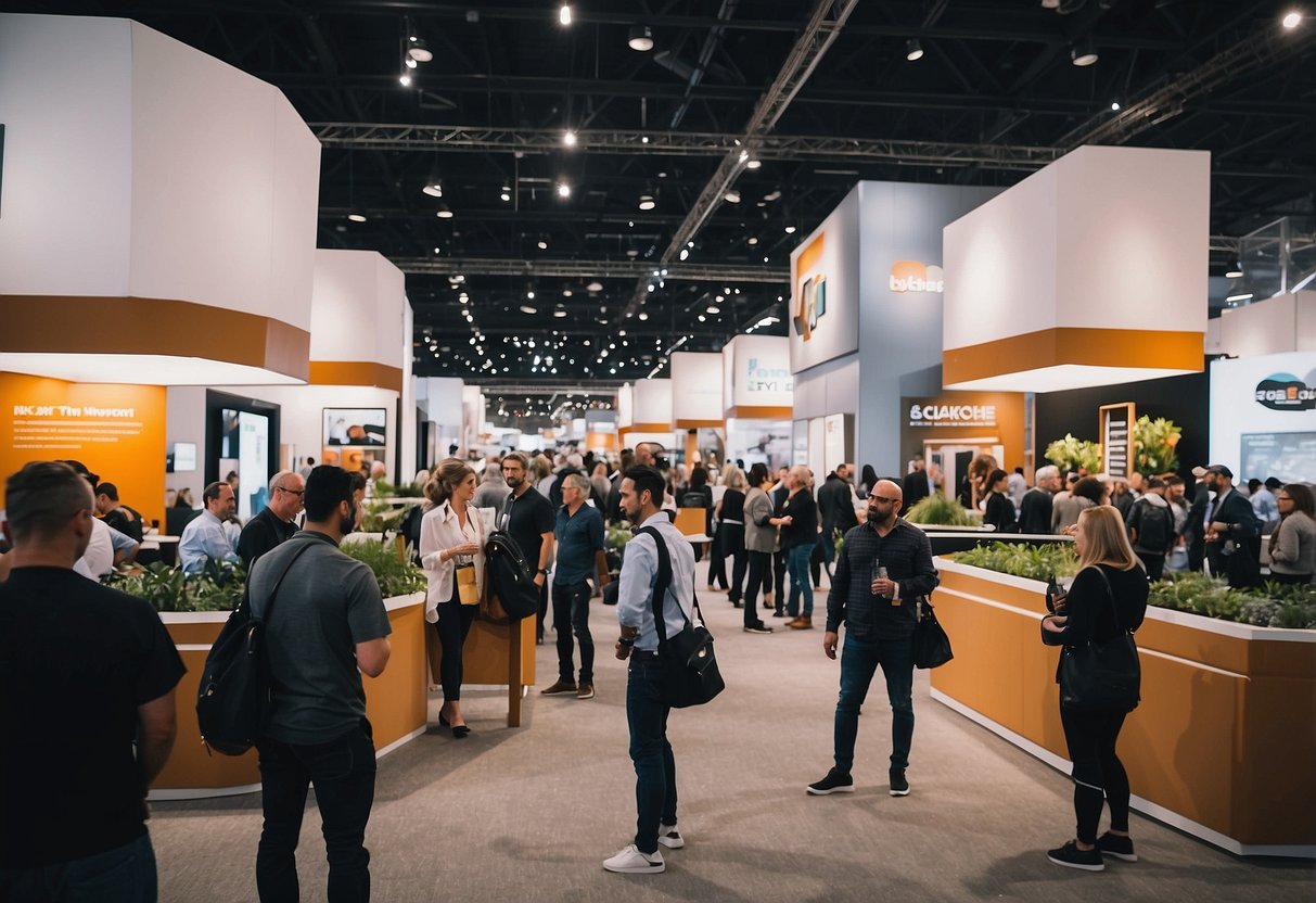 A bustling furniture expo with diverse exhibits and engaged attendees. Bright lights illuminate the sleek, modern designs while vendors eagerly engage with potential customers