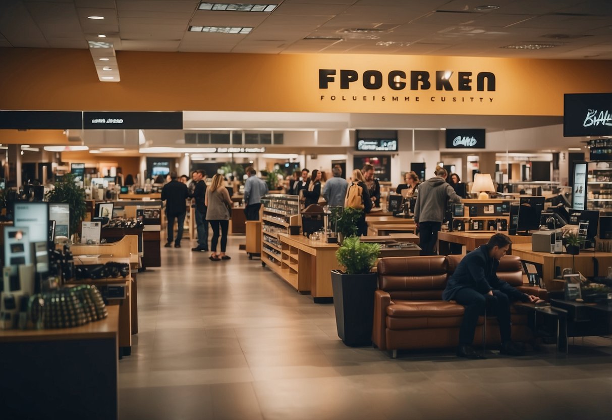 Customers browsing furniture, staff assisting, signage with store policies, and a busy checkout area