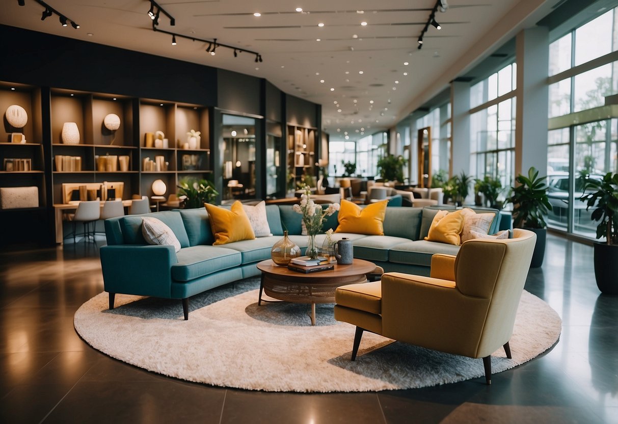 A modern furniture store at Millennia Walk, with sleek designs and vibrant colors, displayed in a spacious and well-lit showroom