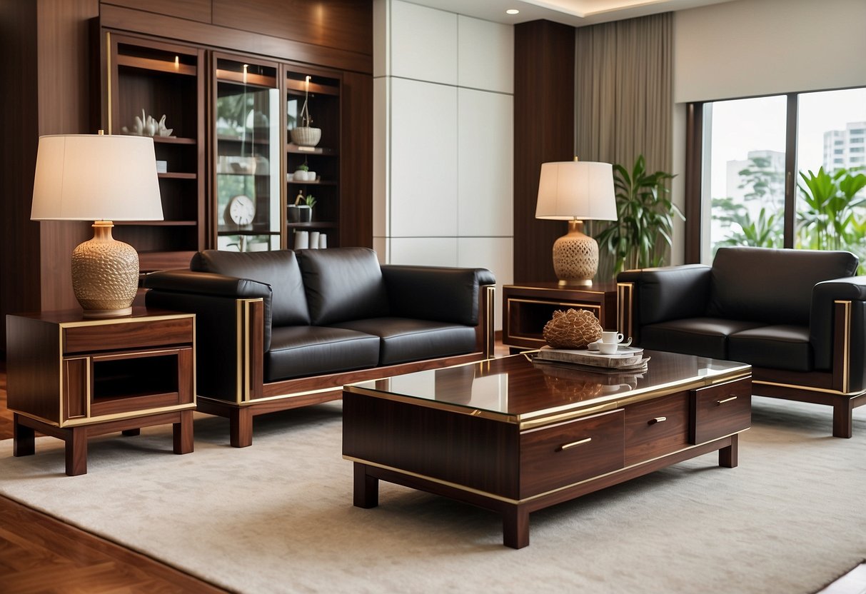 A luxurious rosewood furniture set gleams in a spacious, sunlit room in Singapore. Rich, dark wood and elegant design create a sophisticated and inviting atmosphere