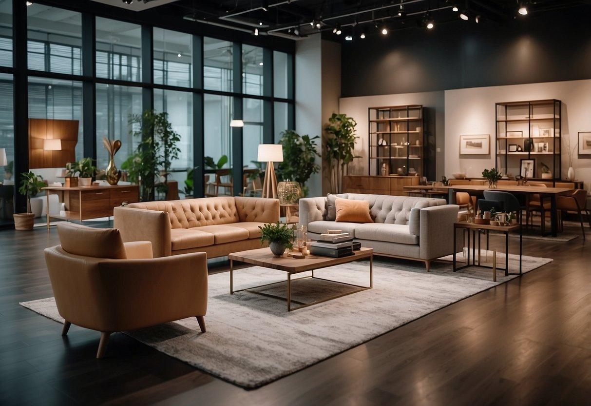 A modern furniture showroom with various styles and sizes of furniture displayed in a spacious, well-lit setting