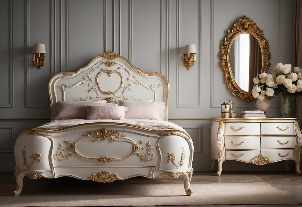 A white French bedroom set with ornate details and curved edges, including a bed, dresser, and nightstand, all complemented by delicate floral patterns