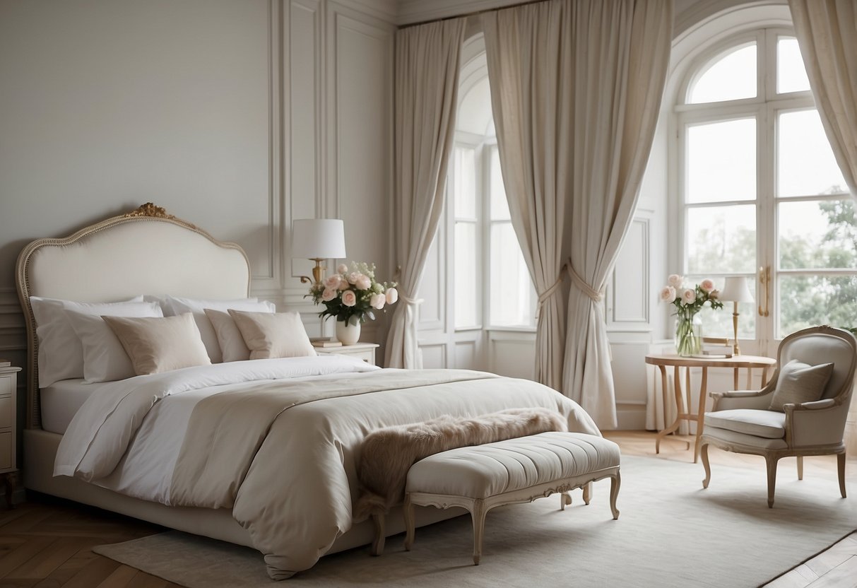A white French-inspired bedroom with elegant furniture and soft, flowing curtains