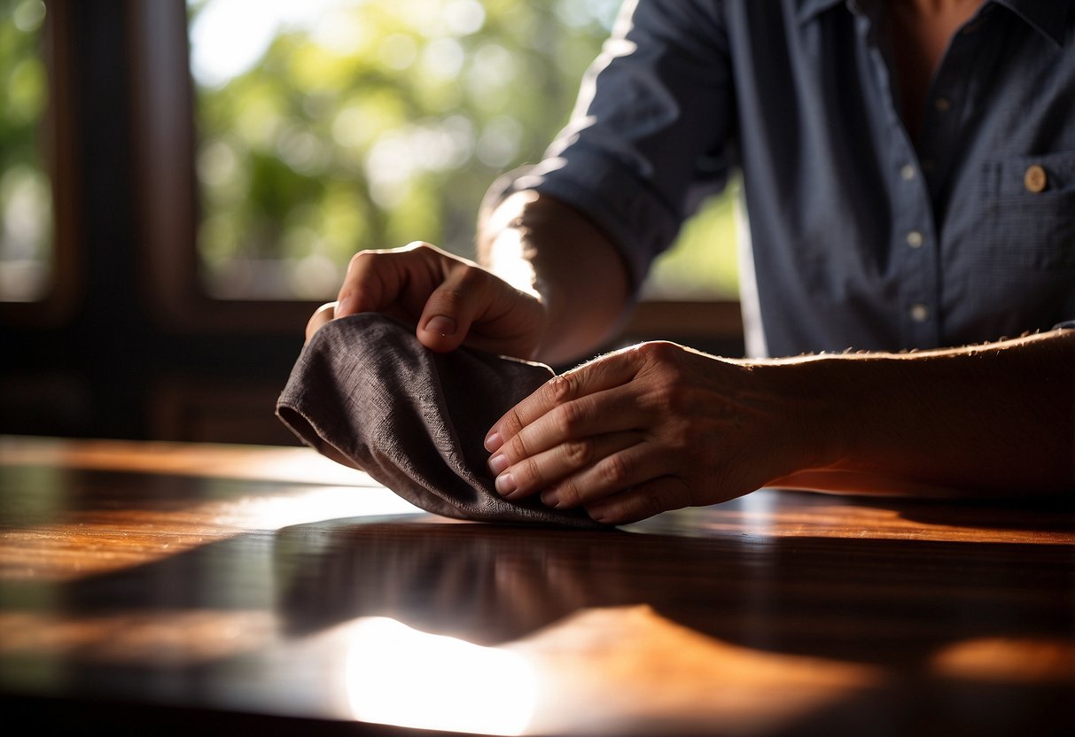 A hand gently polishing a rosewood table with a soft cloth, sunlight streaming through a window onto the rich, dark wood