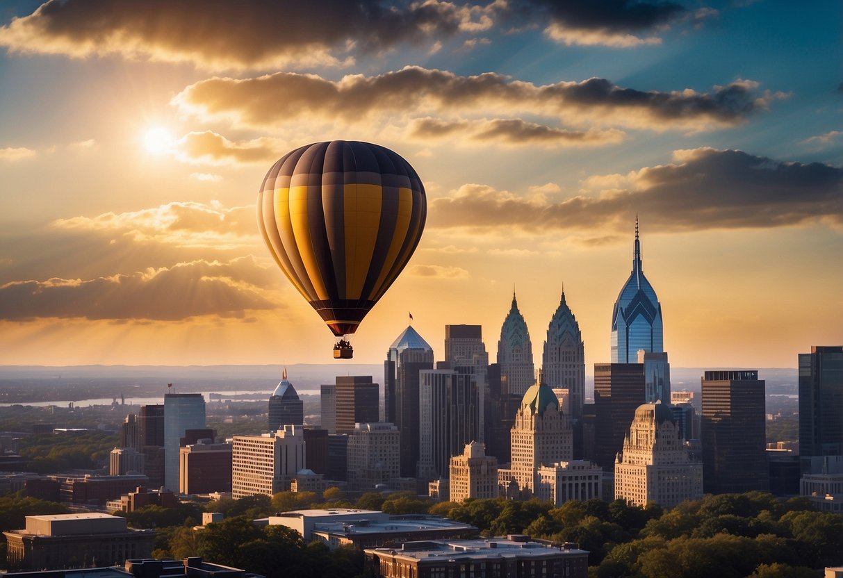 The hot air balloon floats over the Philadelphia skyline, with the sun setting in the background and the city's iconic landmarks visible below