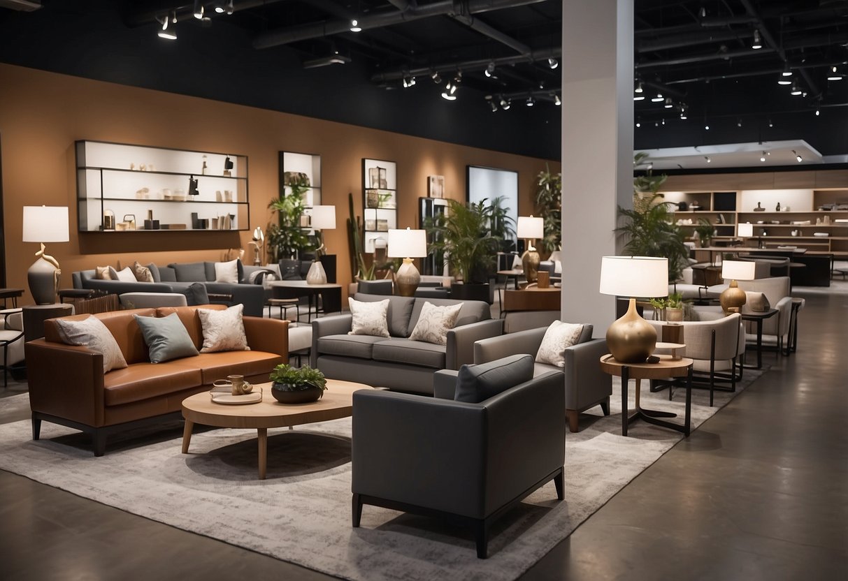 A spacious, modern furniture store with neatly arranged displays and a sleek, minimalist interior. Customers browse through the various sections, while staff members assist with inquiries