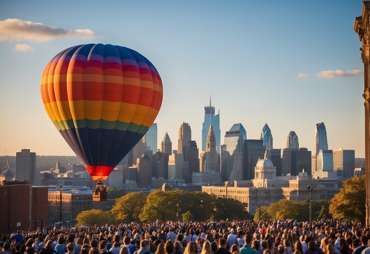 A colorful hot air balloon rises above the Philadelphia skyline, with historic landmarks in the background and a crowd of onlookers below