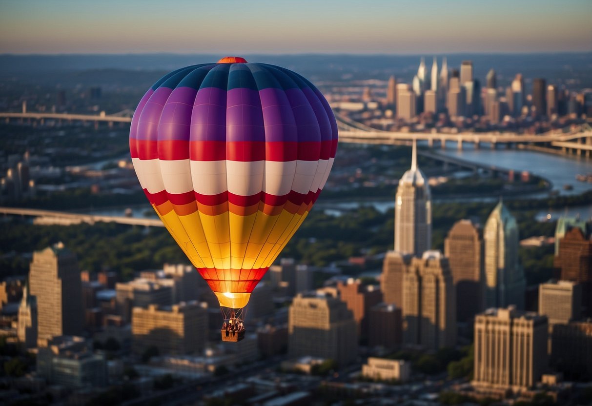 A colorful hot air balloon floats above the Philadelphia skyline, with the city's iconic landmarks visible in the background. The balloon is being prepared for takeoff, with crew members checking the basket and burner