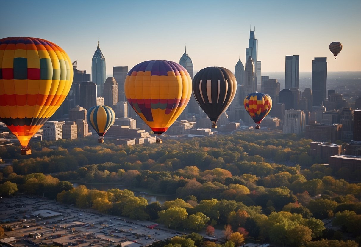 Hot air balloons ascend from launch sites, drifting over Philadelphia's skyline, following winding flight paths