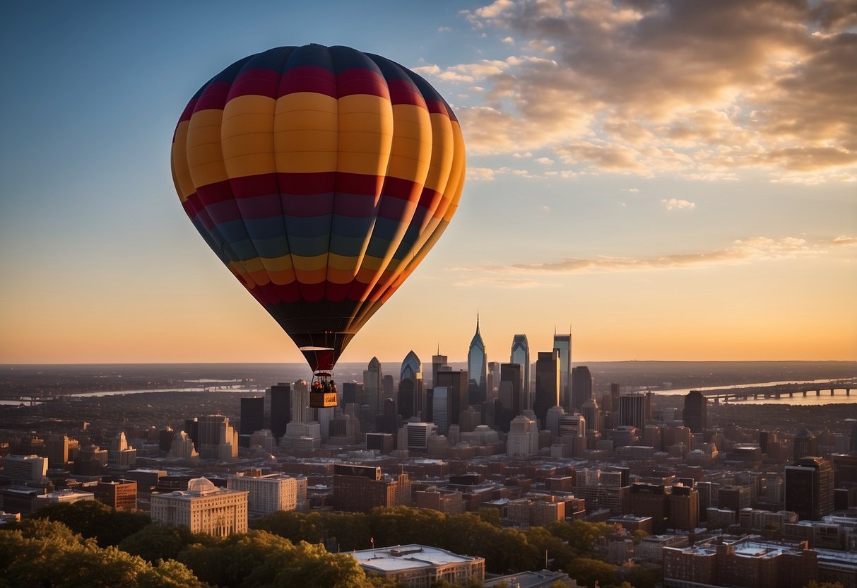 A colorful hot air balloon floats above the Philadelphia skyline at sunset, with the city's iconic landmarks in the background