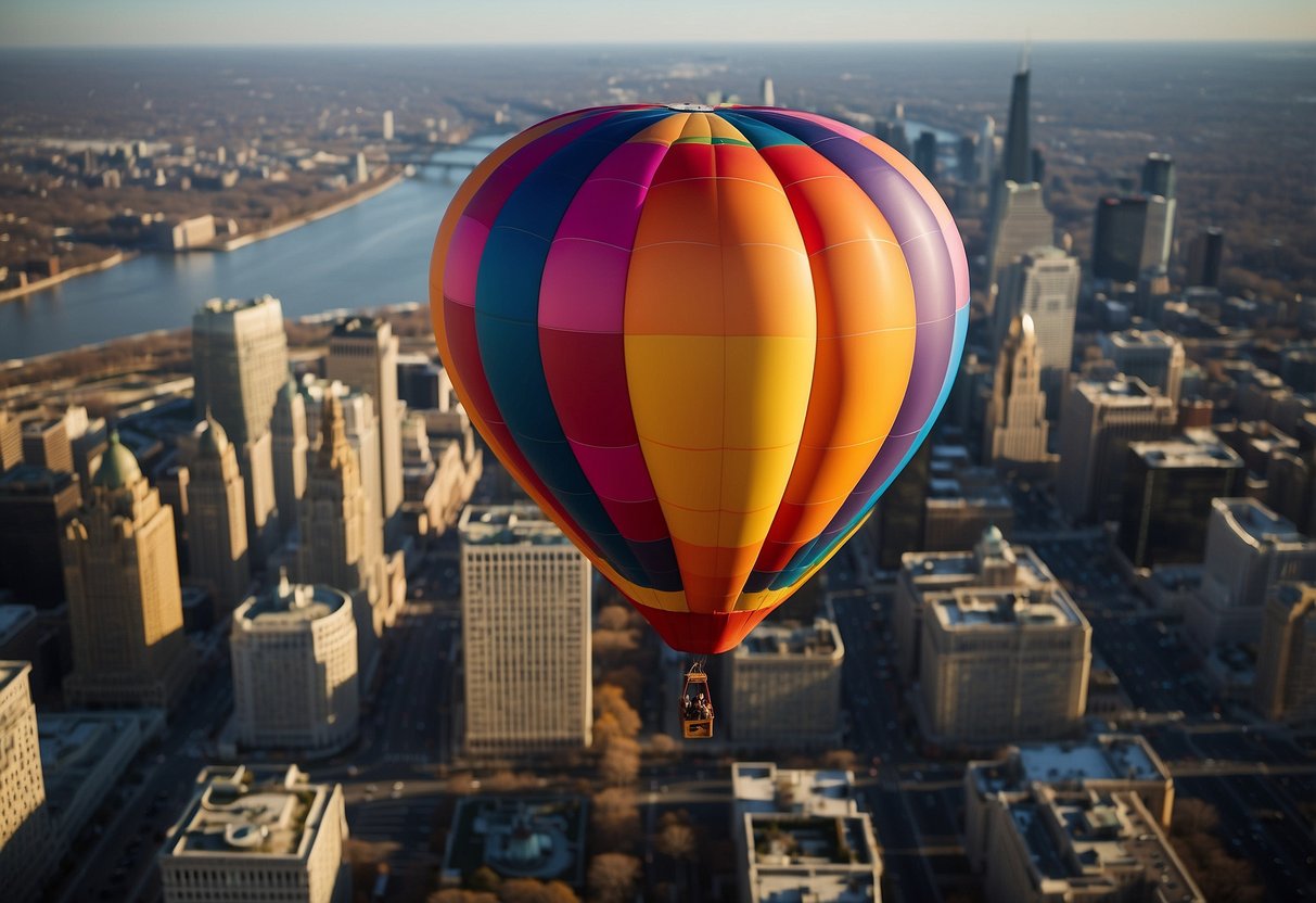 A colorful hot air balloon floats over the Philadelphia skyline during a private and special occasion flight