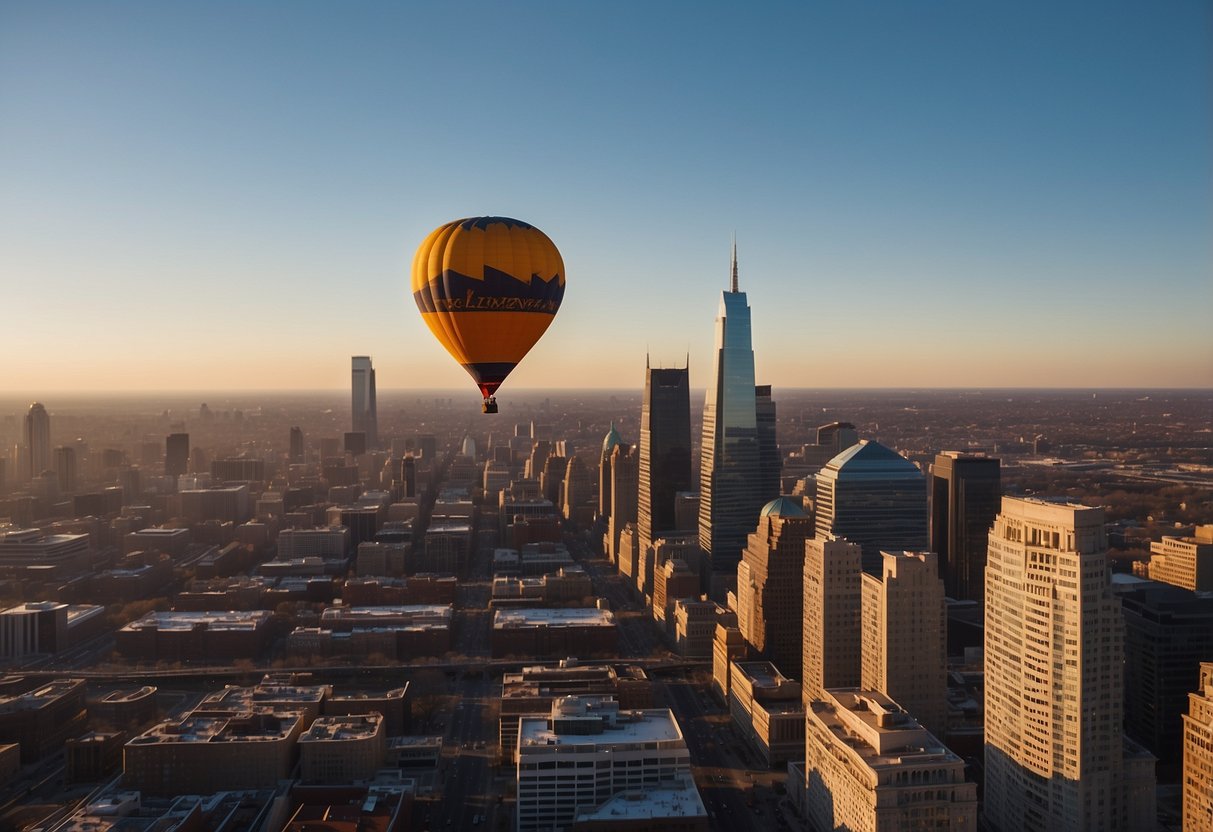 A hot air balloon floats over Philadelphia, adhering to safety and regulations. The city skyline and landmarks are visible in the background