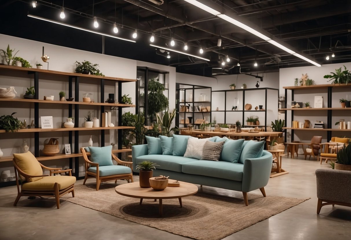 Shelves of furniture line the bright, spacious showroom. Aisles lead to cozy living room setups and elegant dining displays. Customers browse and chat with staff