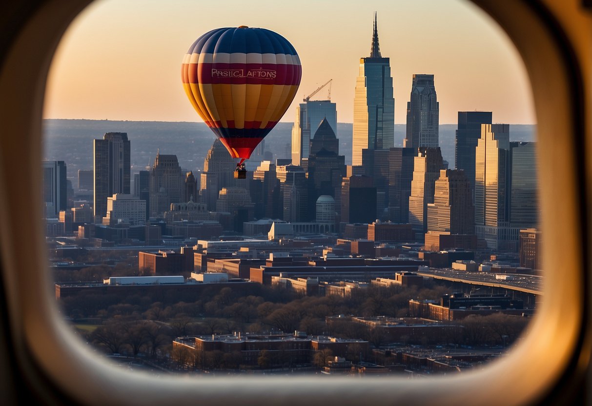 A hot air balloon floats above the Philadelphia skyline, with the city's iconic landmarks visible in the background. The balloon is adorned with the words "Practical Information for Riders."