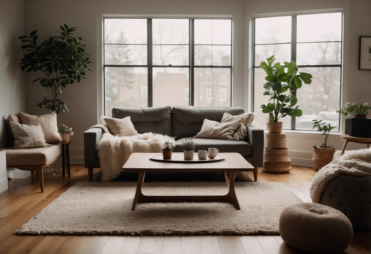 A cozy living room with a wishbone chair, a sleek coffee table, and a plush rug under a large window with natural light streaming in