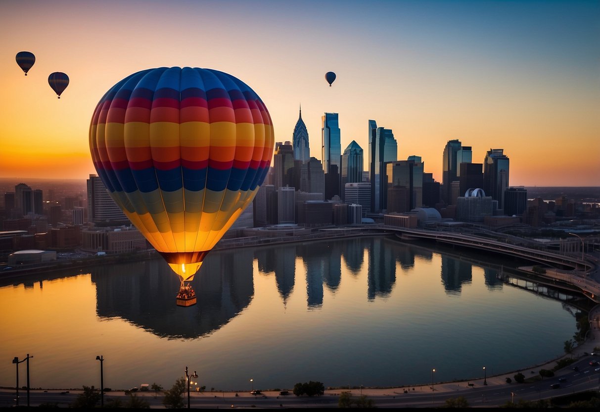 A hot air balloon floats above Philadelphia skyline, with options and services advertised on the side