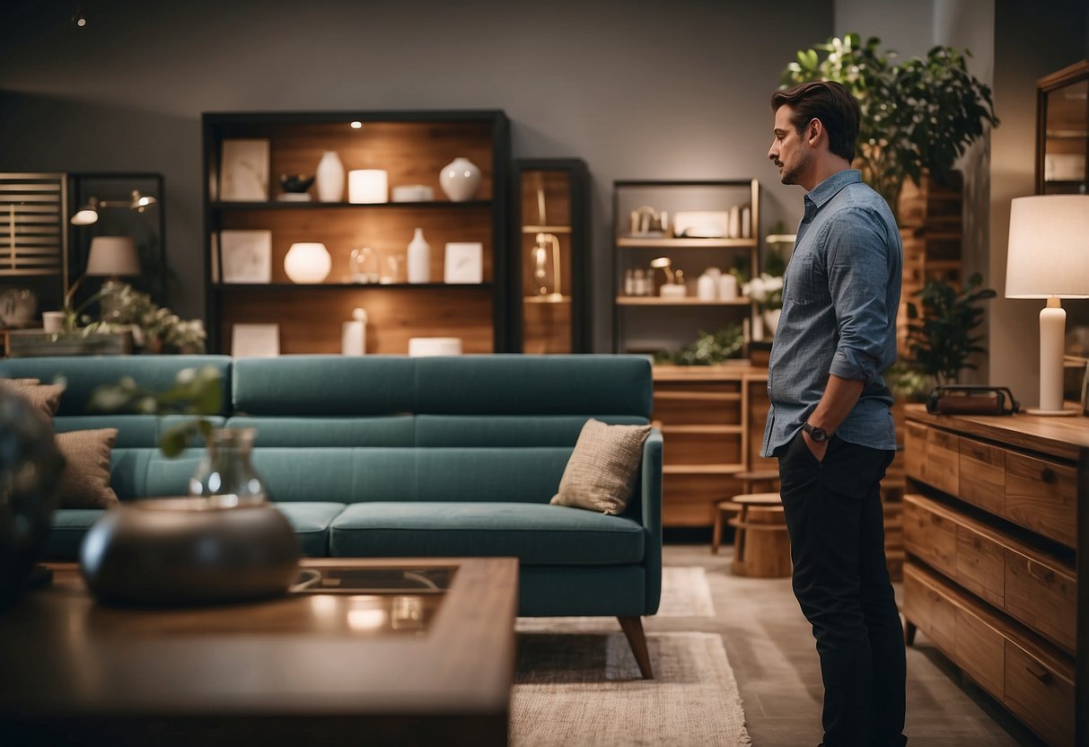 A person browsing through various furniture options in a showroom, examining different pieces and envisioning how they would fit into their space