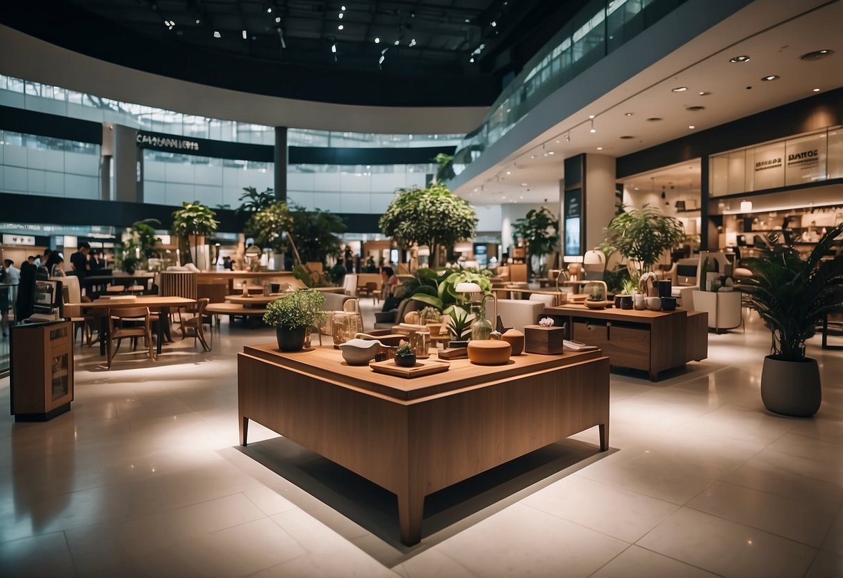 Customers browse modern and traditional furniture displays in a bustling Singapore shopping center
