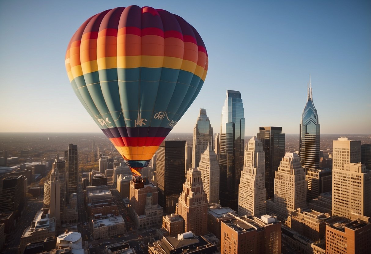 A hot air balloon floats over Philadelphia skyline, with customer reviews and insights depicted as speech bubbles surrounding the balloon