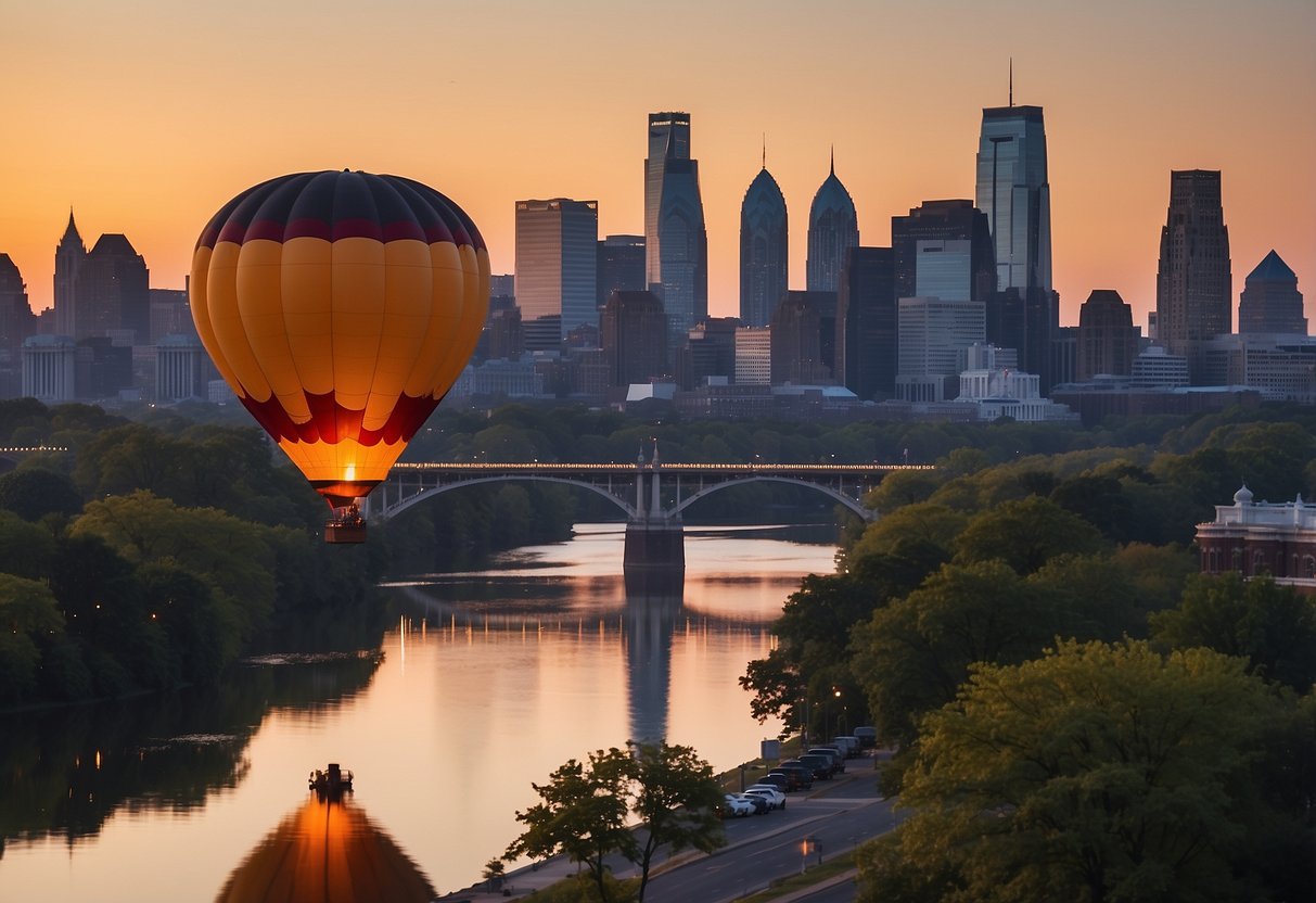 A hot air balloon floats over the historic landmarks of Philadelphia, with the city skyline in the distance and the Schuylkill River winding below