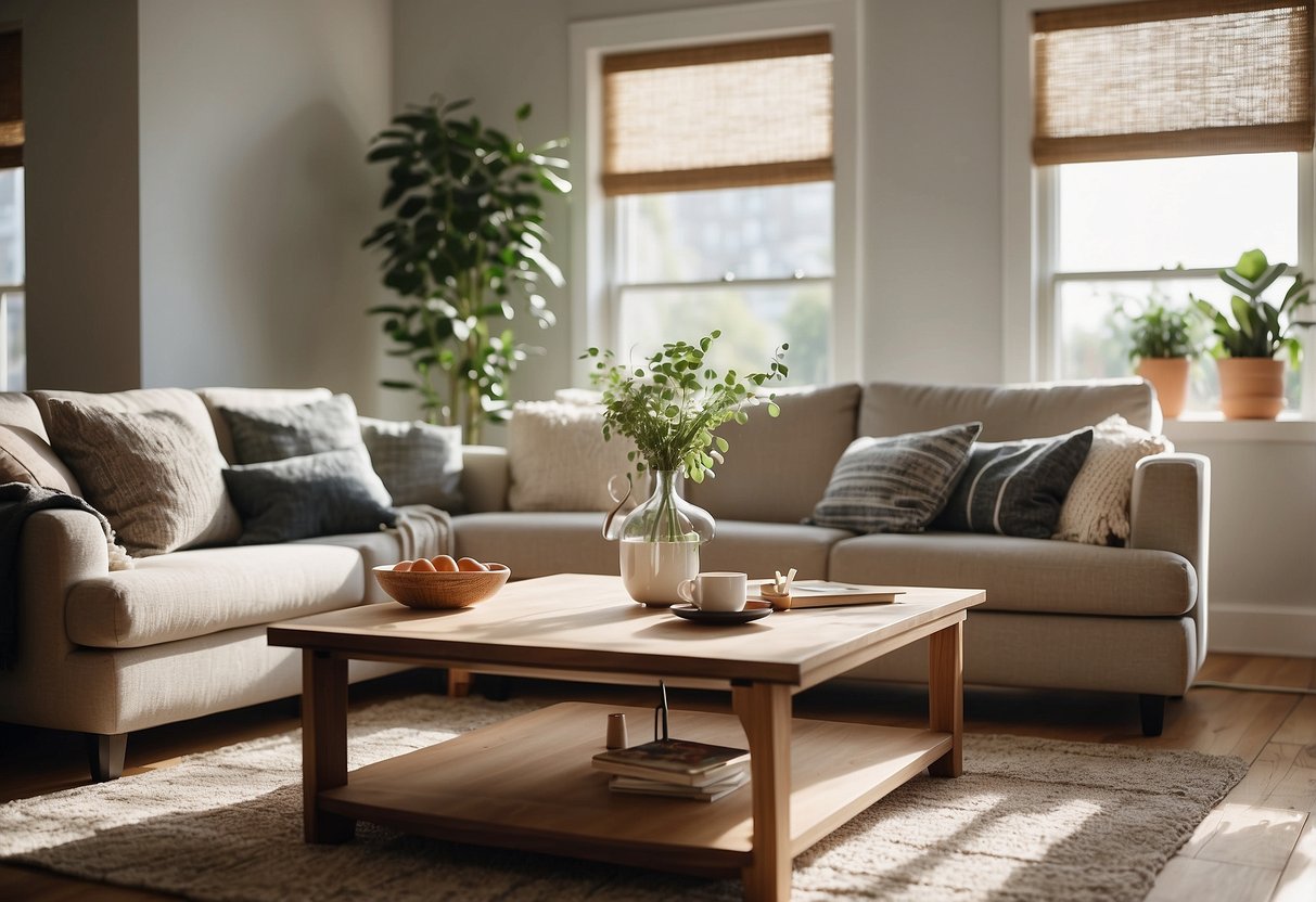 A cozy living room with a large, comfortable sofa, a warm rug, and a stylish coffee table. Bright sunlight streams in through the window, illuminating the space