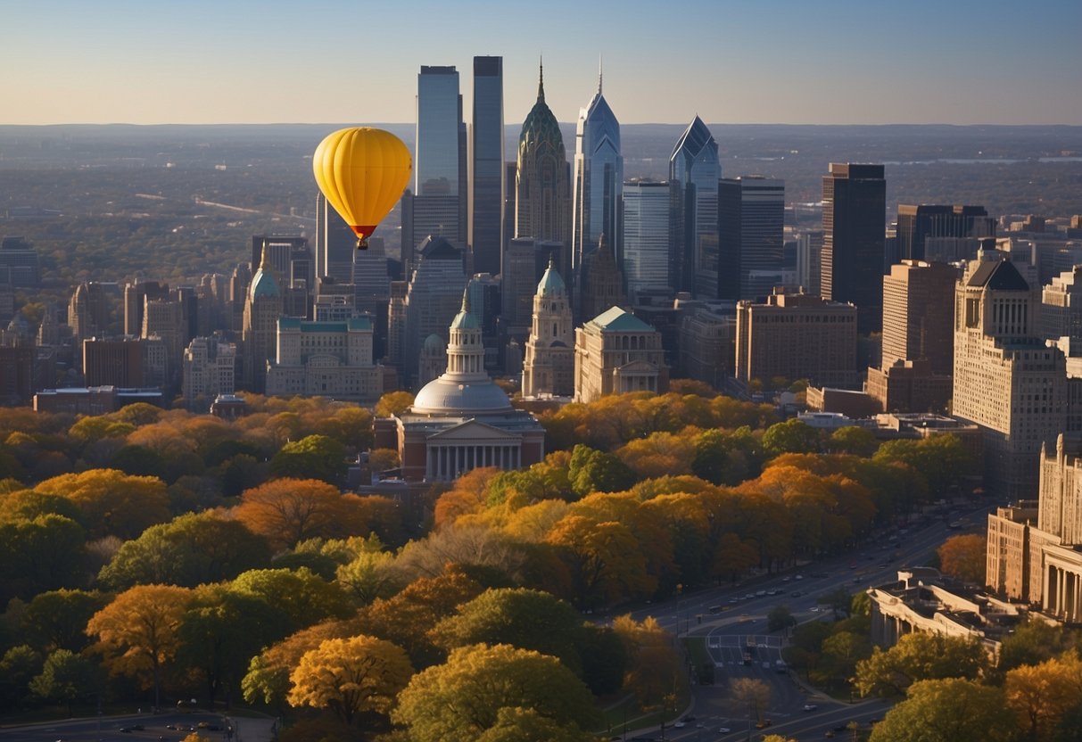 A hot air balloon rises over the Philadelphia skyline, with the city's iconic buildings and landmarks visible in the background