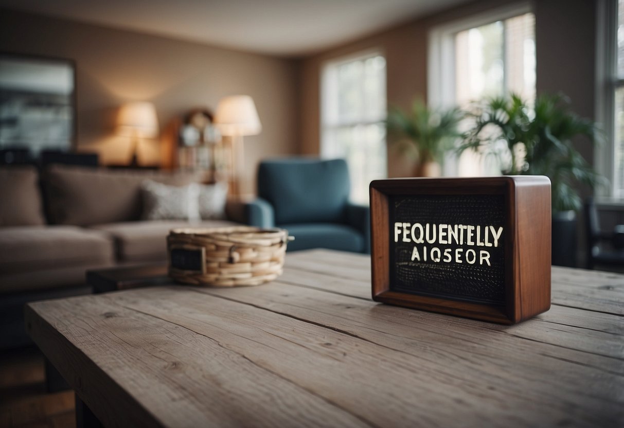 A room with various furniture items and a sign reading "Frequently Asked Questions" above them