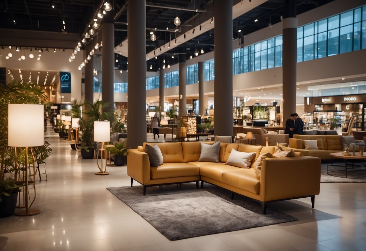 Customers browsing furniture displays in a modern shopping center. Bright lighting and spacious aisles create a welcoming atmosphere for a stress-free shopping experience