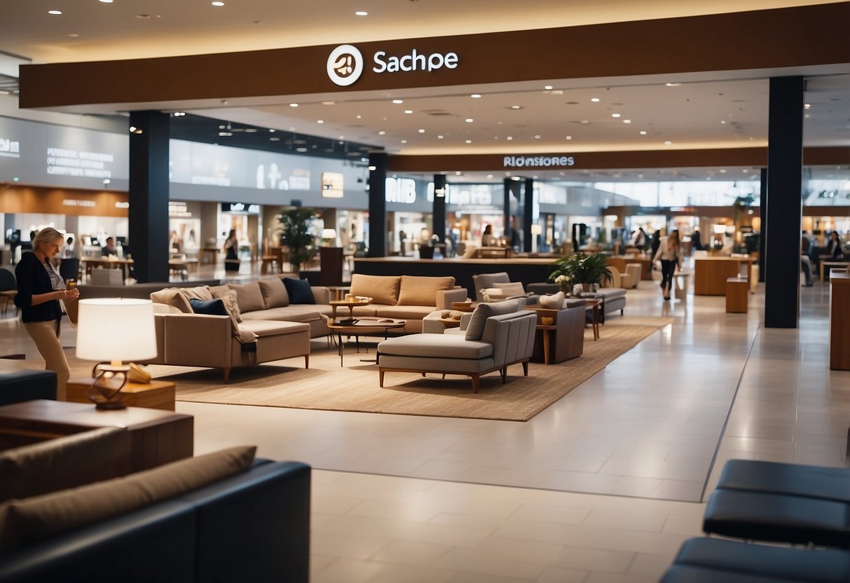 Customers browse furniture displays in a spacious, modern shopping center. Signs and information desks are visible throughout the area