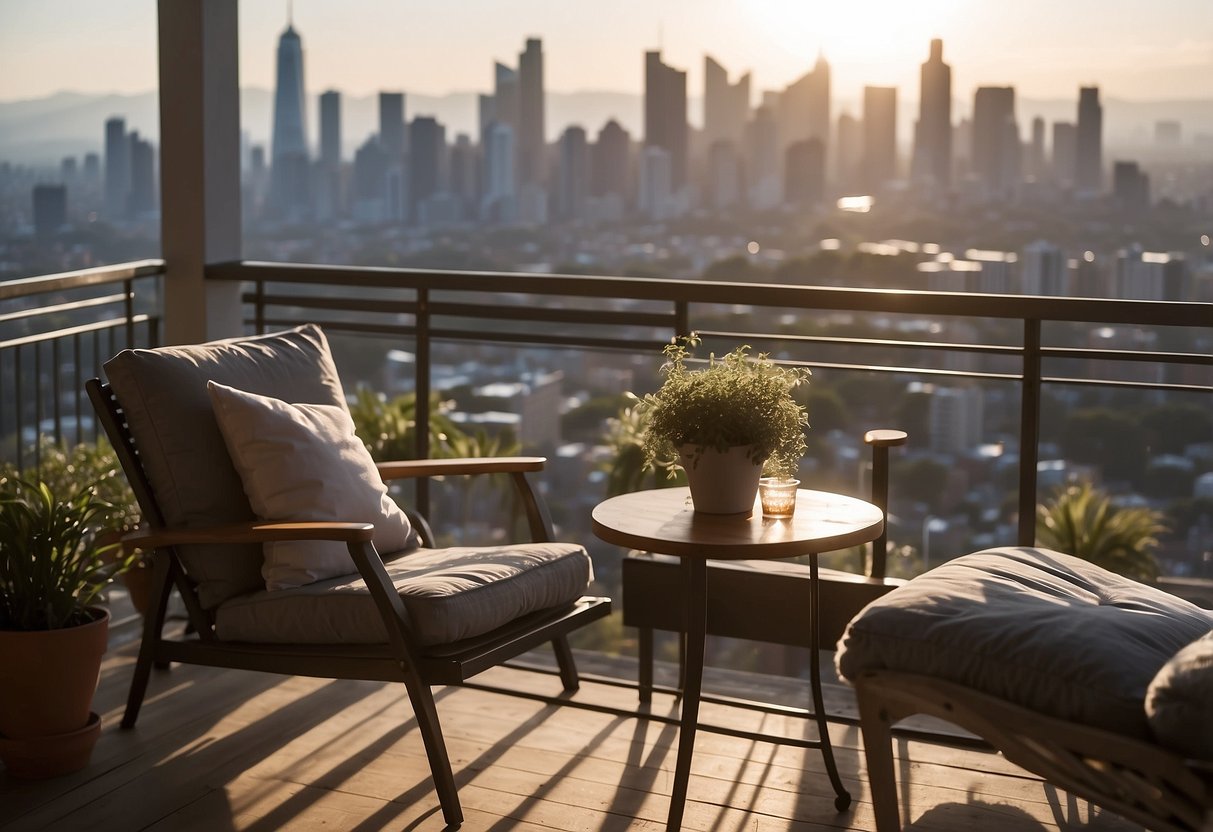A person arranging balcony furniture on a cozy, sunlit balcony with a view of the city skyline