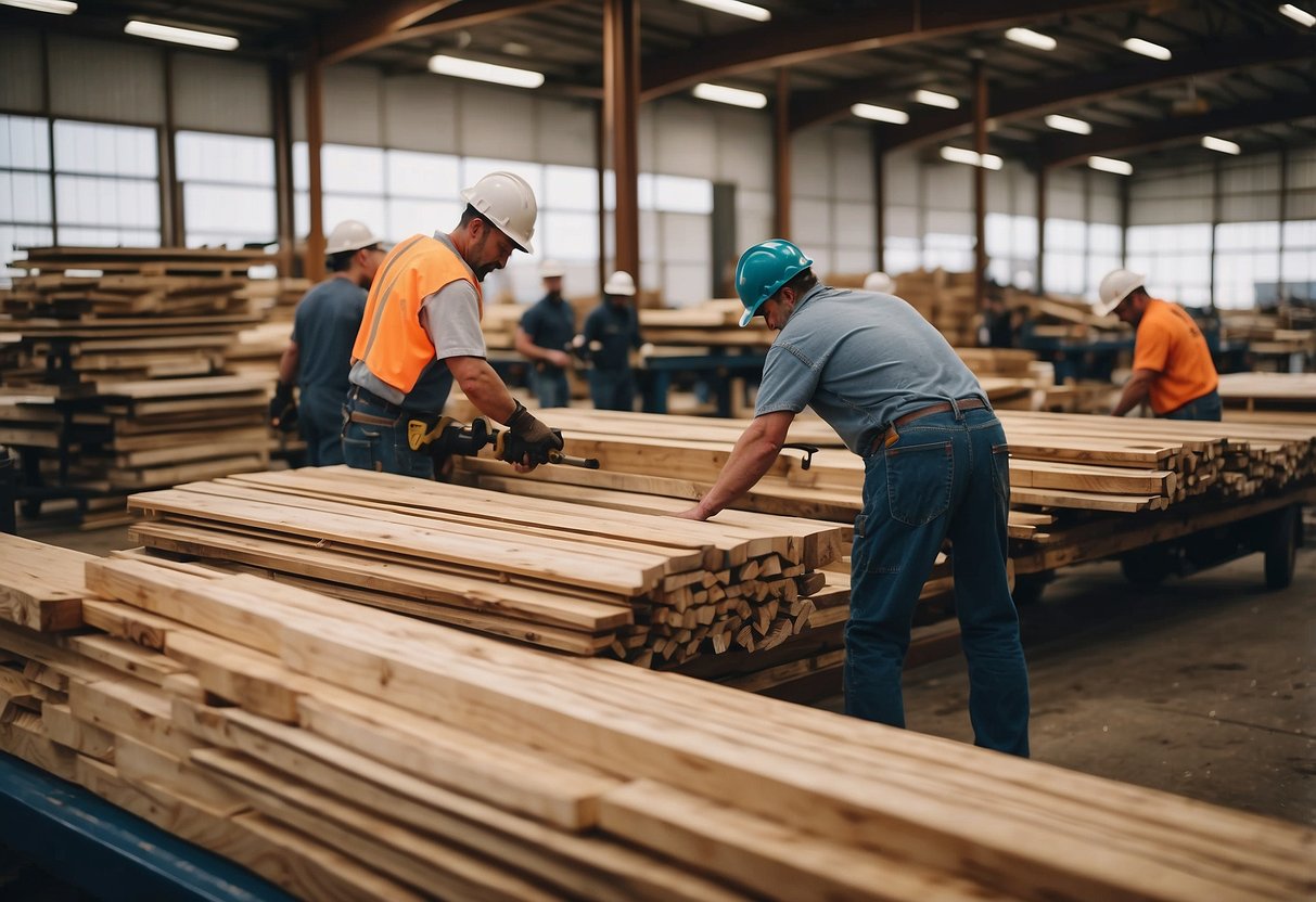 A bustling lumberyard with stacks of various wood types, saws buzzing, and workers loading planks onto trucks